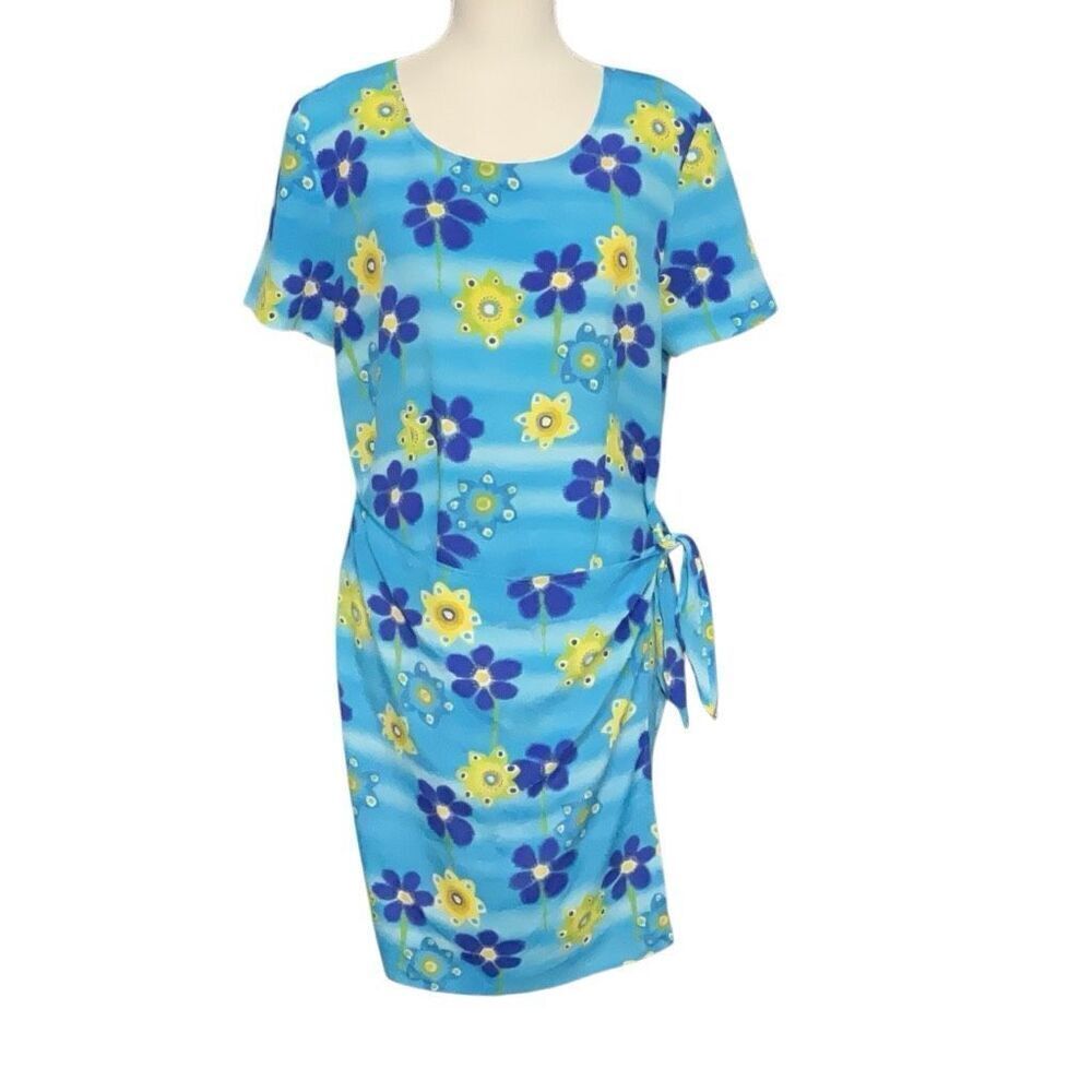 Christy Lyn Vintage Floral Faux Wrap Spring dress Blue Yellow Zip Back Size 9/10
